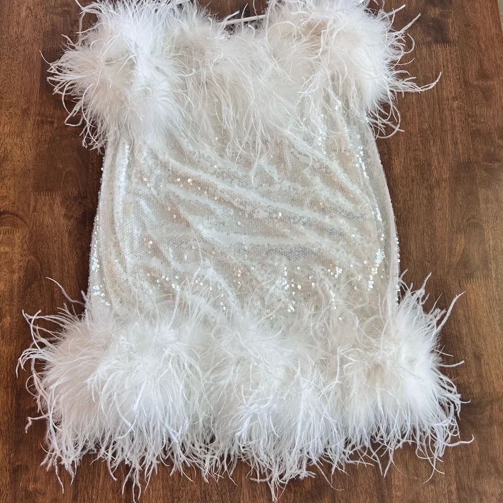 AKIRA White Strapless Sequin Feather Mini Dress - Picture 1 of 2